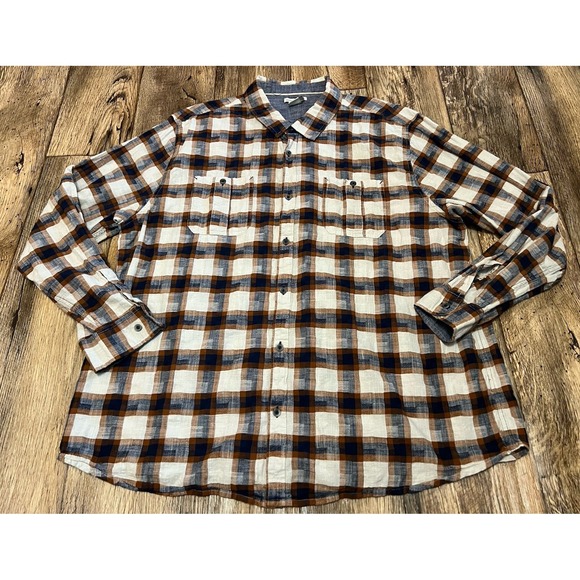 Carbon 2 Cobalt XXL Button Front Shirt Brown Navy Plaid Cotton Double Pocket - Picture 1 of 6